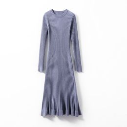 Beige Black Violet Pink O Neck Long Sleeve Knitted Solid Knee Length Sheath Bodycon Autumn Dress Ruffle Elegant D1378 210514