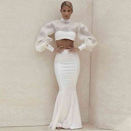 Women Set Bandage Elegant Party Club Celebrity Two Piece White Top Skirts Long Sleeve Suits Ladies Clothes 210515