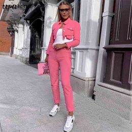 Free High Street Women Pink Jeans Set Lapel Long Sleeve Fashion Single Breasted Short Jacket & Pants Two-piece 210524