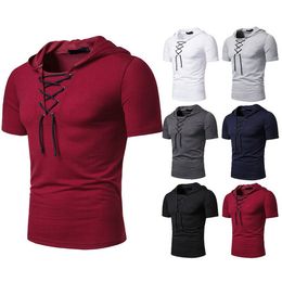 New Men's Hooded European Size Short Sleeve T-shirt with Loose Shoelaces