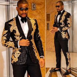 2 Pieces Slim Fit Men's Shiny Sequins Gold Applique Suits Prom Tuxedos Grooms Jacket Wedding Party Suits Set (Blazer+Pants) X0909