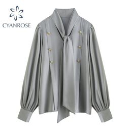 Summer Fashion Korean Style Elegant Lace Up Bow Blouse Women Long Sleeve Button Design Office Solid Chiffon Lady Shirts 210515