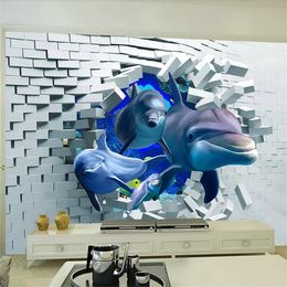 3D brick wall broken wall deep-sea animal dolphin three-dimensional living room wall custom large mural wallpaper