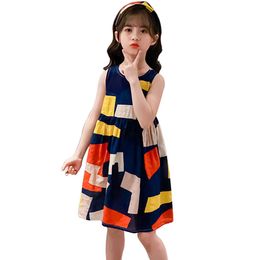 Summer Dress Girl Geometric Party Dress For Girls Sleeveless Children Dresses O Neck Casual Style Girls Clothes Q0716