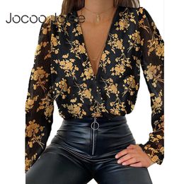 Elegant Perspective Mesh Sexy Deep V Neck Patchwork Women Blouse Female Solid Colour Casual Blouse Long Sleeve Ladies Chic Shirt 210619
