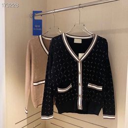 080405 Contrast Color V-neck Placket Buckle Cardigan Full Body Rhinestone Shiny Knitted Coat Jacquard Qingdao Generation Hair