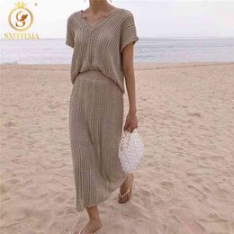 Women Summer 2 Piece Sets Womens V-Neck Short Sleeve Tops And Korean Elegnat Knitted Long Skirts Sweater Suit 210520