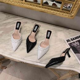 Sandals Pointed Toe Women Slides Slippers Shallow Thin High Heels Party Pumps Black/White Casual Slides Slippers Mules 210513