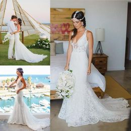 2021 Boho Lace Wedding Dresses Bridal Gown Summer Beach Straps Deep V Neck Sweep Train Custom Made Plus Size vestidos de novia
