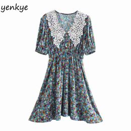 Summer Dress Vintage Floral Print Women Lace Trim V Neck Lantern Sleeve Elastic Waist A-line Short vestido 210514