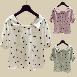 Fashion Heart Print Blouse Shirt Peter Pan Collar Tops Tee Summer Casual Ladies Top Female Women Short Sleeve Blusas Pullover X0521