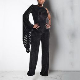 Women's Jumpsuits & Rompers Sexy Corduroy Women Skew Neck Flare Sleeve Wide Leg Solid Vintage High Waist Full Length Romper