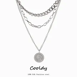 Pendant Necklaces Stainless Steel Necklace Punk Multilayer Carved Coin Clavicle Chain Metal Thick For Women Jewellery
