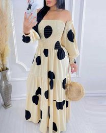 Detail Fit and Flare Maxi Dress Women Off Shoulder Polkadot Backless Print Shirring Y1006