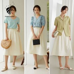 FANSILANEN Office Lady High Waist Skirt Women Summer Mid-length A-line Apricot Long Woman s Clothe 210607