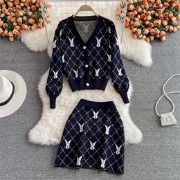 Small Fragrance Vintage Knit Two Piece Set Women Sweater Cardigan Coat Crop Top + Mini Skirts Sets Fashion Casual 2 Suits 220302