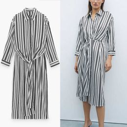 ZA Summer Long Striped Shirt Dress Women Fashion Self Knot Office Lady Dresses Woman Long Sleeve Vintage Black Vestidos 210602