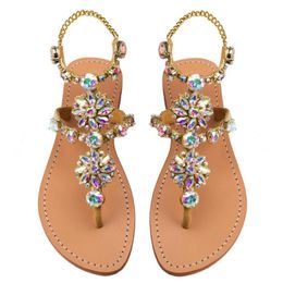 Gladiator Sandals Women Flat Rhinestone Shoes Gold Summer Crystal Jewelled Roman Lady Beach Bling