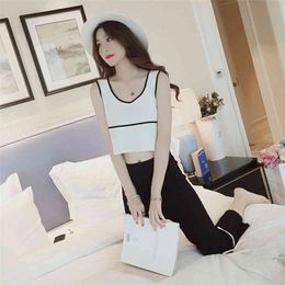 Knitted Sleeveless Striped Sexy Short Tops Female Loose Elastic Band Wide Leg Pants Two-Piece Women Suit Spring Summer 210427