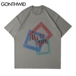 GONTHWID Tees Shirts Hip Hop Bandana Paisley Square Print Streetwear T-Shirts Men Harajuku Hipster Short Sleeve Cotton Tees Tops C0315