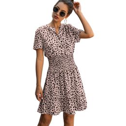 Retro Dots Print Summer Dress Women O Neck Short Sleeve Button Stretchy Waist Mini Dress Casual Boho Beach Dresses Lady Vestidos 210507