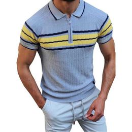 Men Summer top Colour Block Patchwork Knitted Short Sleeves Striped Button Golf Polo Shirts 210527