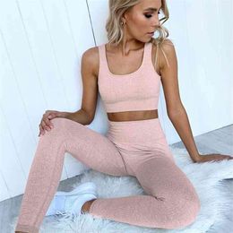 Woman Sportwear Yoga Set Seamless Gym Crop Top Bra Pad Elastic High Waist Pant Outfit Fitness Clothing 210802