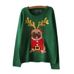 Women's Knitted Dog Embroidery Sequin Sweater Christmas O-Neck Long Sleeve Female Tops PL557 210506