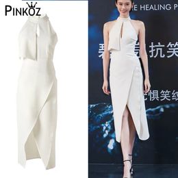 runway designer celebrity style split white halter party midi dress for women dinner slim bodyc sexy dresses robe fashion 210421