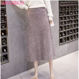 Skirts LUKAXSIKAX 2021 Autumn Winter Women Skirt High Quality Knitted Warm Elegant Big Hem Waist A-Line Long