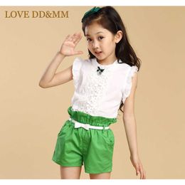 LOVE DD&MM Girl Clothing Sets Summer Fly Sleeve Lace T-shirts + Shorts Two Piece Suit Fashion Belt Free 210715