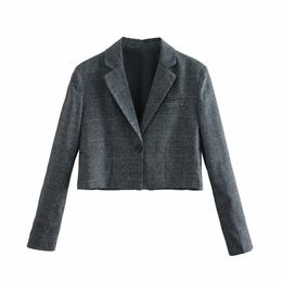 Vintage Women Grey Plaid Jackets Fashion Office Ladies Notched Collar Blazers Streetwear Female Chic Short Coats 210527