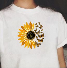 Sunflower Butterfly Graphic Tee Kawaii Cute 100% Cotton O Neck Women White T-Shirt Harajuku Hipster Casual Funny Tee Top 210518