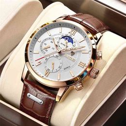 LIGE Watches Mens Top Brand Luxury Clock Casual Leathe 24Hour Moon Phase Men Watch Sport Waterproof Quartz Chronograph+Box 210804