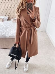 Women's Wool & Blends Coats Lapel Cardigan Solid Long Sleeve Winter Mid-Long Trench Coat with Belt 6 Colour Size (S-3XL)