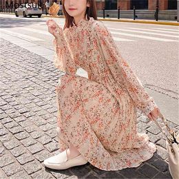 Vintage Printed Women Chiffon Dress Full Sleeve Stand Collar A-line Long Midi Dresses Sweet Elegant Ladies Vestidos Autumn 210513