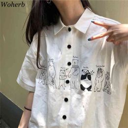 Woherb White Blouse Women Loose Japanese Style Cartoon Animal Print Kawaii Shirt Girls Cute Short Sleeve Blusas Summer Top 210719