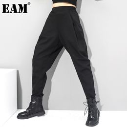 [EAM] High Elastic Waist Black Brief Long Harem Trousers New Loose Fit Pants Women Fashion Tide Spring Autumn 1DC419 210319