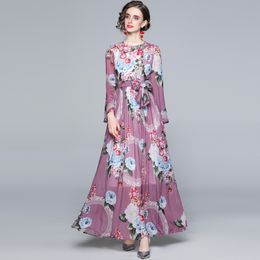 Women Spring Designer Elegant Purple Chiffon Maxi Dress Fashion Party Robe Femme Vintage Floral Print Holiday Dresses Vestidos 210525