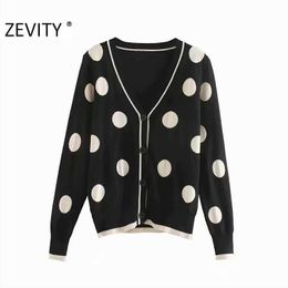 Zevity Women Vintage V Neck Polka Dot Print Breasted Knitting Sweater Female Chic Autumn Casual Slim Cardigan Tops S443 210603