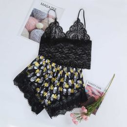 Nightie Spaghetti Strap Pajama Set Sleeveless Trim Pyjamas Sleep Shorts Set Print Lace Pijama Suit Sleepwear Women Sexy Nighties Q0706