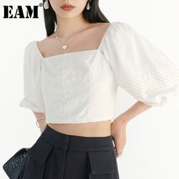 [EAM] Women Backless Striped Single-breasted T-shirt Square Neck Short Sleeve Fashion Spring Summer 1DD5993 210512