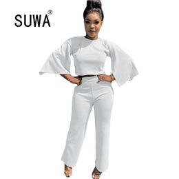 Elegant Solid Women's Set Clothing Crop Top Straight Long Pants Office Lady Tracksuit Matching s Two Piece Work Outfit 210525