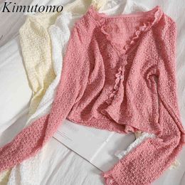 Kimutomo Elegant Patchwork Lace Fungus Cardigan Women Spring Female V-neck Long Sleeve Slimming Short Tops Casual 210521