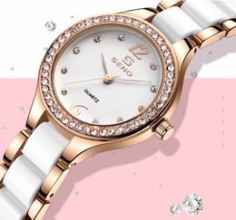 Crystal Diamond Ceramic Bezel Quartz Womens Watch Comfortable Band Hardlex Ladies Wrist Watches286t