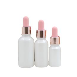 Cosmetic Packaging Bottle 5ml 10ml 20ml 30ml 50ml Empty Pearl White Glass Dropper Refillable Container Pink Top Shiny Rose Gold Lid Essential Oil Vials