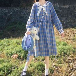 Spring Autumn Women's Dress Japanese Style Loose Bowknot Plaid Long Sleeve Slim Female es LL808 210506