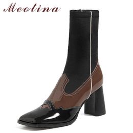 Meotina Mid-Calf Boots Women Shoes Genuine Leather High Heel Short Boots Square Toe Thick Heels Female Footwear Autumn Black 40 210608