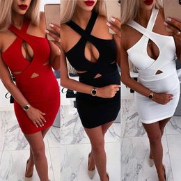 Red Mini Dress Women Summer Sexy Halter V Neck Cross Hollow Out Package Hip Pencil Dress Lady Slim Party Night Club Dresses 210507
