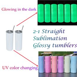 20oz Sublimation straight Tumblers UV Colour Changing & glowing in dark 2-in-1 Glossy tumbler Stainless Steel DIY Blank cups Water Double Wall Insulated Travel Bottles